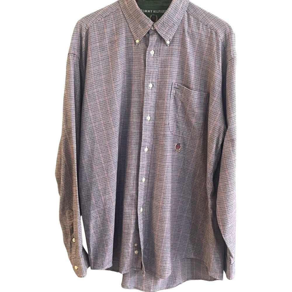 Tommy Hilfiger Men's Blue Black Orange‎ Small Check Cotton Long Sleeve Shirt XL - Picture 2 of 6